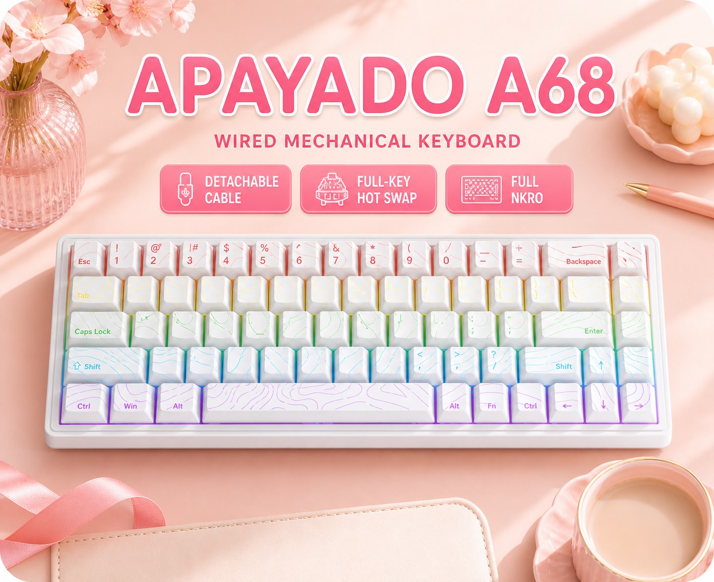 Keyboard Gaming Blue Switch - APAYADO A68 Wired Mechanical Keyboard, Hot-Swappable,